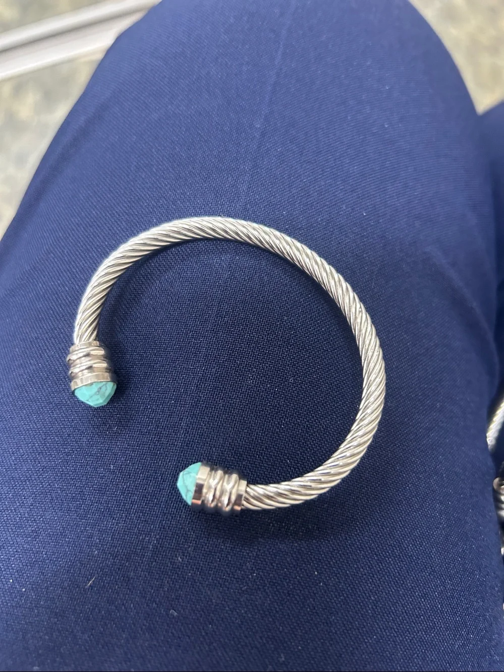 Stainless steel Silver genuine, gemstone Cable Cuff Bracelet with Turquoise Ston